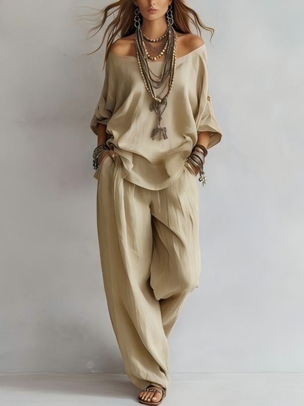 Summer Casual Women's Linen Top And Wide Leg Pants Set Three Quarter Sleeve Relaxed Everyday Wear Versatile Comfortable Feshion Trend_ecoleips.com