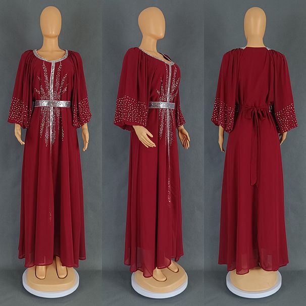 Women's Clothing Hot Diamond Skirt Chiffon Puff Sleeve Dress With Belt_ecoleips.com