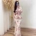 Vintage Floral Print Long Sleeve Maxi Dress Set - Soft Feminine Two-Piece Outfit With Lantern Sleeves & Tie Waist_ecoleips.com