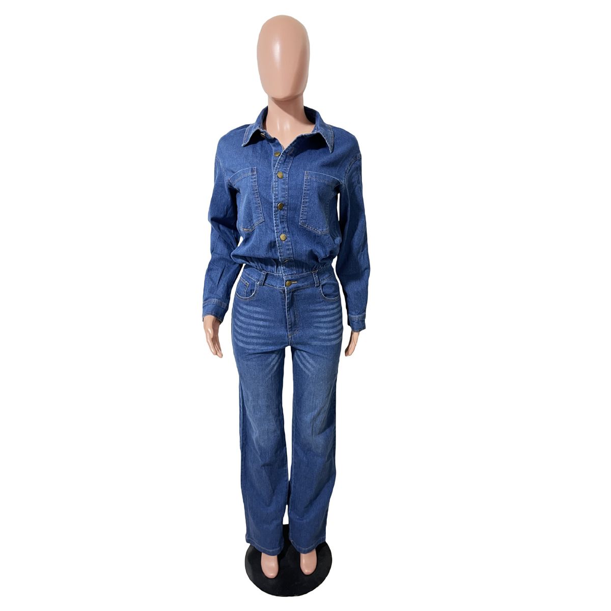 K Slim Fit Elastic Loose Long Sleeved Denim Jumpsuit_ecoleips.com