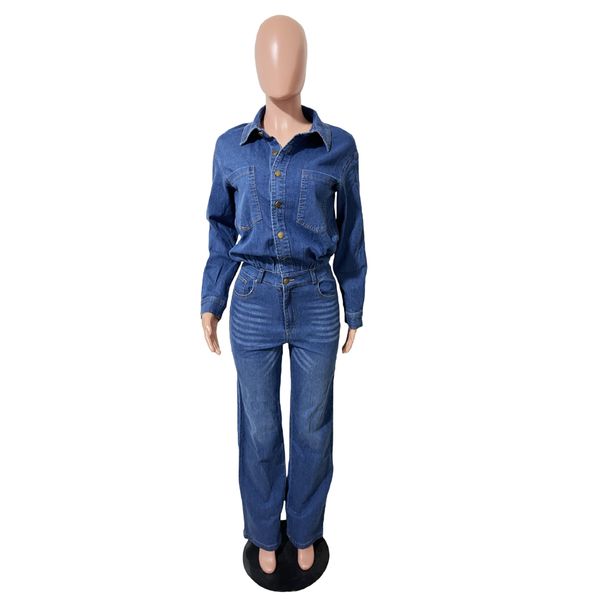 K Slim Fit Elastic Loose Long Sleeved Denim Jumpsuit_ecoleips.com