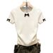 Women's White Bow Tie Short Sleeve T-Shirt Spring/Summer Fashionable Slimming Knitted Round Neck Sweater_ecoleips.com