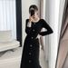 Women's Clothing Elegant Black Long Dress Autumn Winter Heavy Beaded French Retro Knit Sophisticated Base For Formal & Casual_ecoleips.com