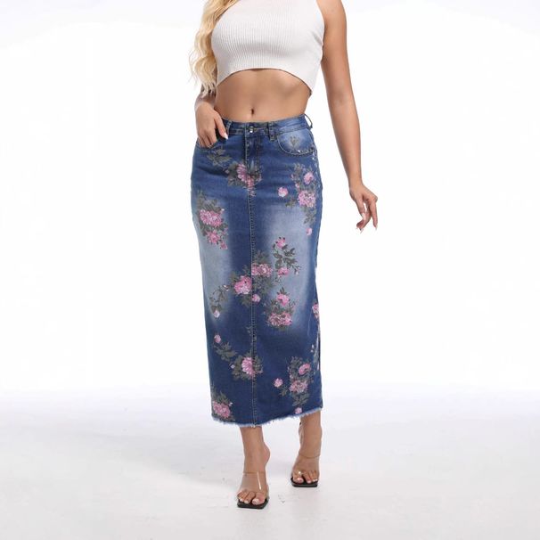 Women's Clothing Printed Mid Length Denim Skirt Spring And Summer New Large Size Women's Denim Skirt_ecoleips.com