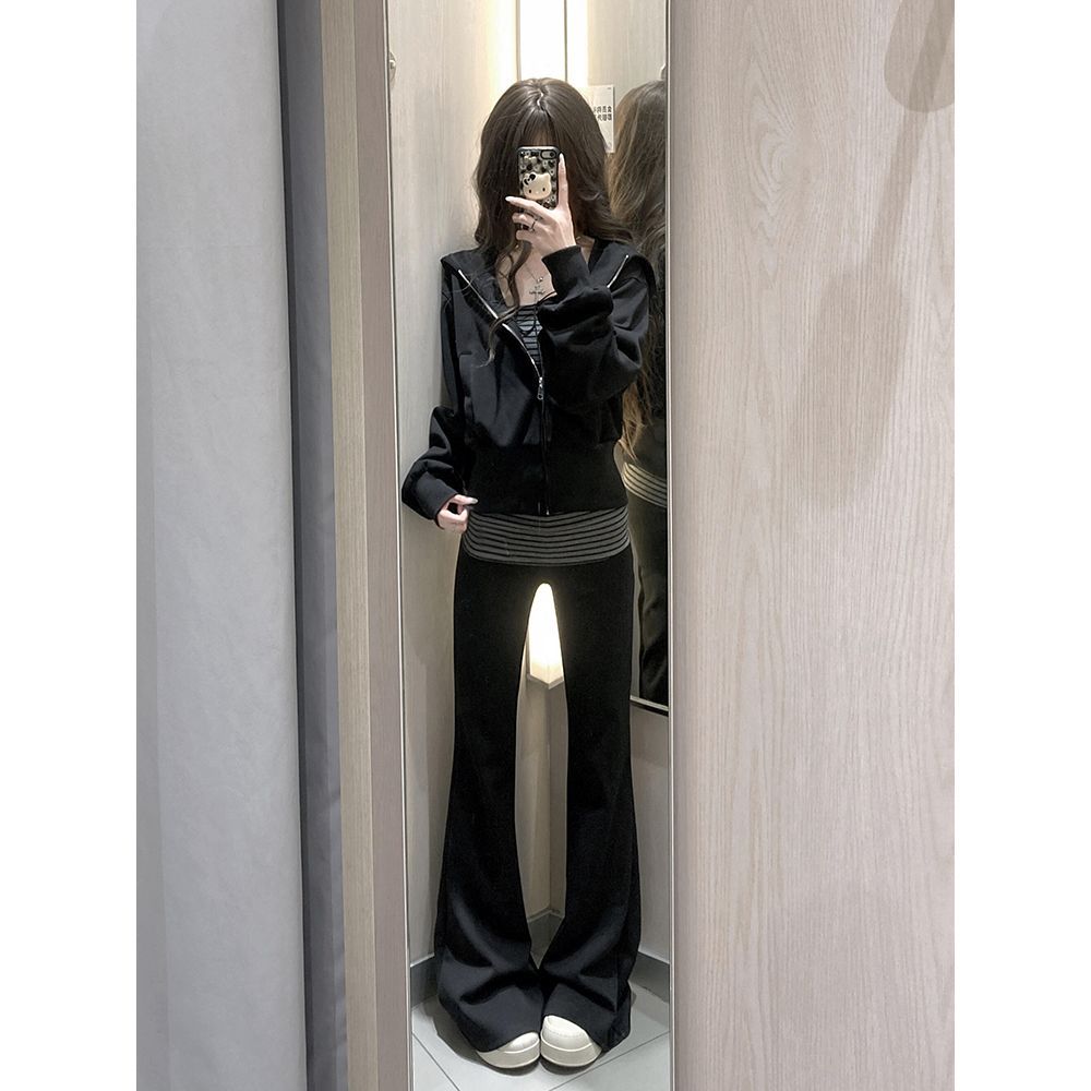 Korean Style Summer New Daily Wear Casual Sports Striped Sweatshirt And Wide-Leg Pants Three-Piece Set For Women_ecoleips.com