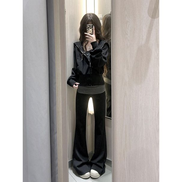 Korean Style Summer New Daily Wear Casual Sports Striped Sweatshirt And Wide-Leg Pants Three-Piece Set For Women_ecoleips.com