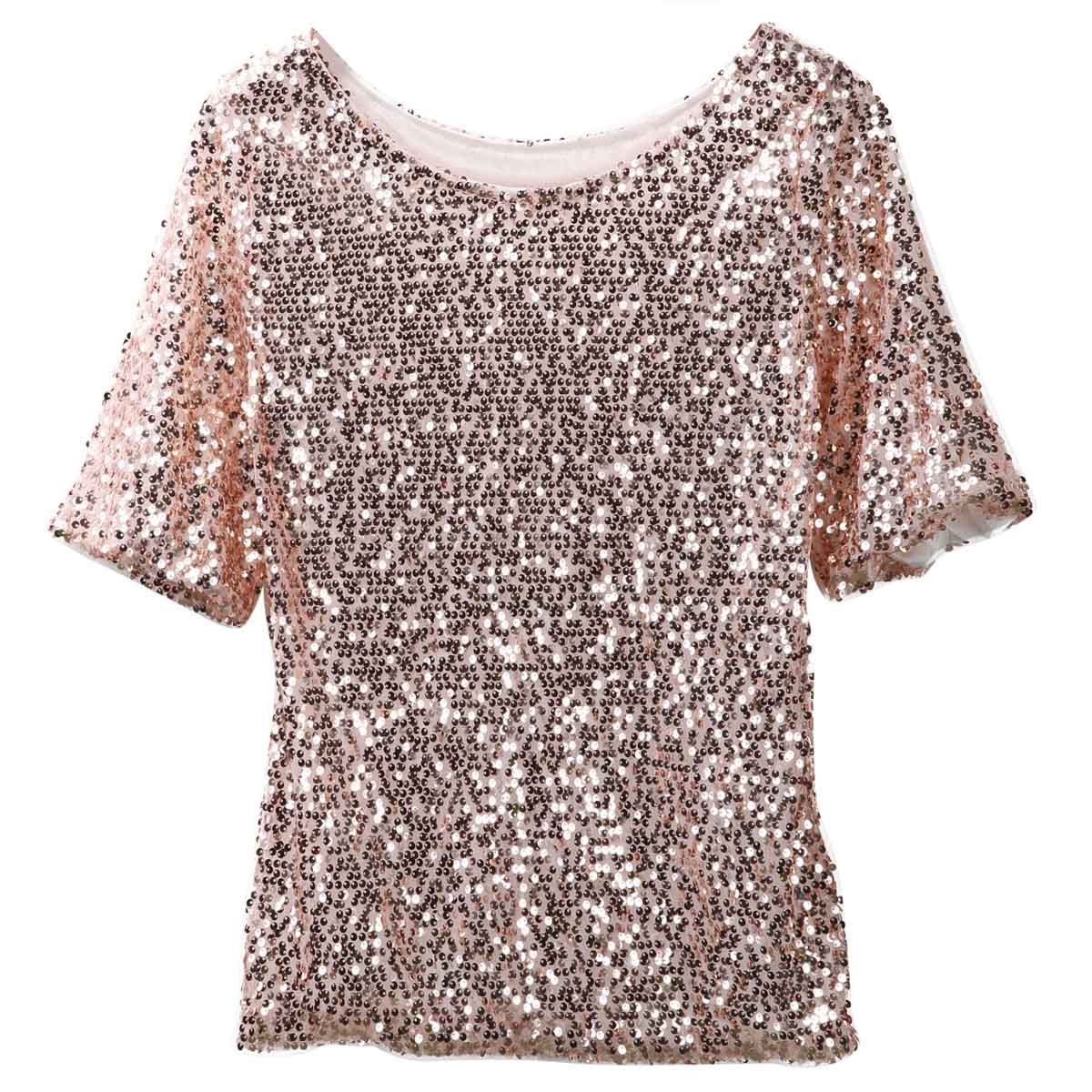 Women Shine Sequin Y2k T-Shirts Short Sleeve Spoon Collar Mid-Length Tee Tops Clubwear_ecoleips.com