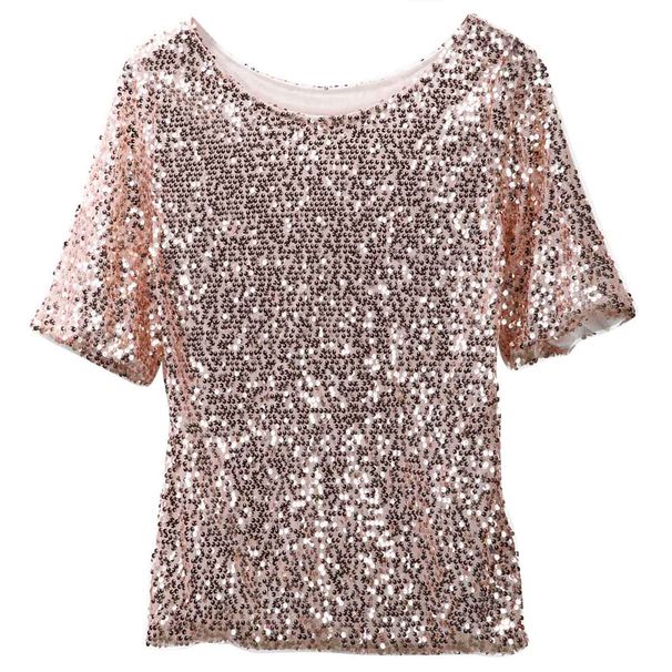 Women Shine Sequin Y2k T-Shirts Short Sleeve Spoon Collar Mid-Length Tee Tops Clubwear_ecoleips.com