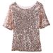 Women Shine Sequin Y2k T-Shirts Short Sleeve Spoon Collar Mid-Length Tee Tops Clubwear_ecoleips.com