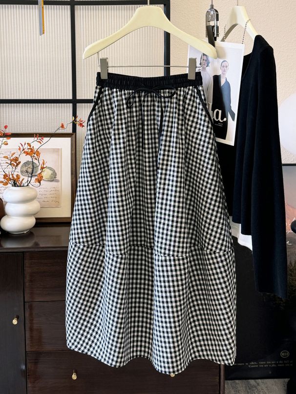 Trendy Salt Style Outfit Sophisticated Retro Plaid Tulip Skirt Casual Cotton Linen Cocoon Shape Women's Bottoms_ecoleips.com