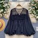 Women's Chiffon Blouse V Neck Tie Waist Lantern Sleeve Thin Mesh Shirt French Gentle Style 2025 Autumn New Selected Top_ecoleips.com