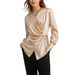 Chic Cross-Wrap Long Sleeve Blouse - Soft V-Neck & Asymmetric Tie Detail For Office & Casual Wear (S-XXL, Champagne)_ecoleips.com