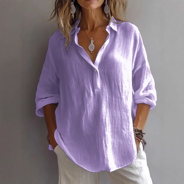 Women's Clothing Spring And Summer Solid Color Casual Loose Long Sleeve Linen V Neck Shirt Shirt Women_ecoleips.com
