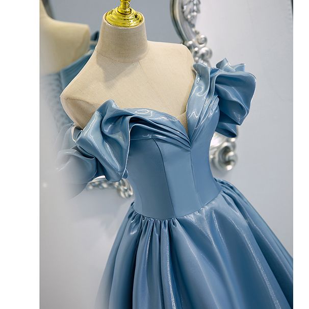 Women's Clothing New Blue Satin Long French Style One Shoulder Host Temperament Performance Clothing_ecoleips.com