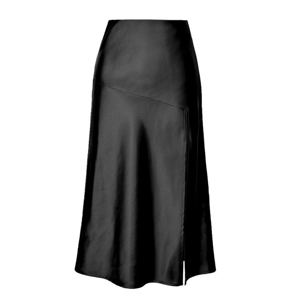 Verve 2025 High Waist Glossy Satin High-end Silky Solid Color Split Long Large Swing Skirt For Women_ecoleips.com