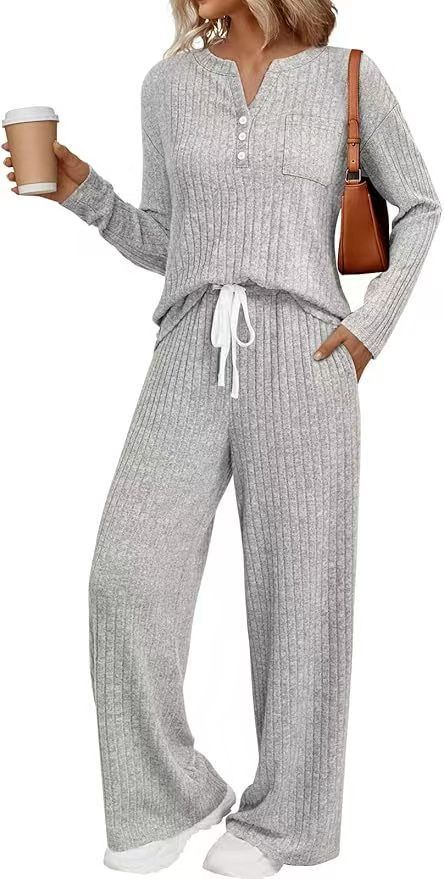 Soft Brushed Knit Lounge Set With Striped Design - Long Sleeve Top & Pants Two-Piece Outfit For Women & Men_ecoleips.com