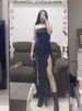 Women's Sexy Strapless Off Shoulder Midi Dress With Ruffle Edge Split Style Dress For Summer 2025 Slim Fit Party Dress_ecoleips.com
