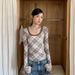 Deeptown Vintage Korean Style Plaid T-Shirts Women Pink Y2k Retro Long Sleeve Tees Harajuku Acubi Fashion Aesthetics Mesh Tshirt_ecoleips.com