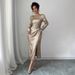 Voya Voya Autumn New Women's Gold Foil Round-neck Long-sleeve Dress With Slim Waist, Pleated Design, And Asymmetrical Slit Hem_ecoleips.com