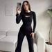 Women Fashion Two Piece Set Solid Color Long Sleeve Top And Bodycon Hip Lifting Strappy Jumpsuit Dress Outfit_ecoleips.com