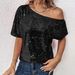 plus Size Women's Sequined Top Loose Off Shoulder Double Layer Casual Solid Color T-Shirt Women's Clothing_ecoleips.com