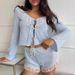 Pink Ice Silk Cotton Thin Lace Long Sleeve Shorts Pajama Set European And American Autumn Loose Women's Homewear_ecoleips.com