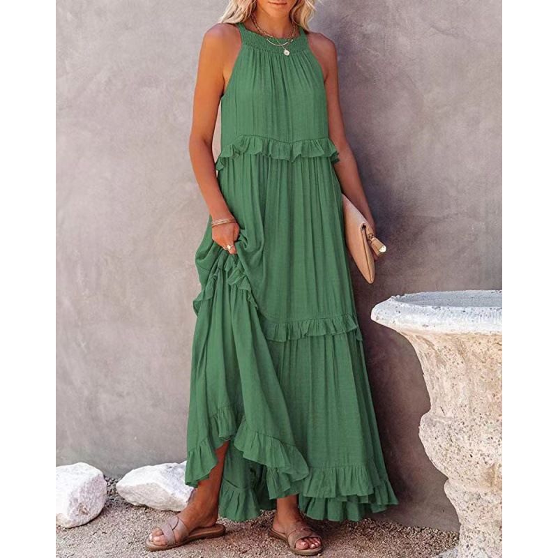 Elegant Tiered Maxi Dress For Women - Flowy Summer Floor-Length Dress With Straps, Round Neck & Loose Fit_ecoleips.com