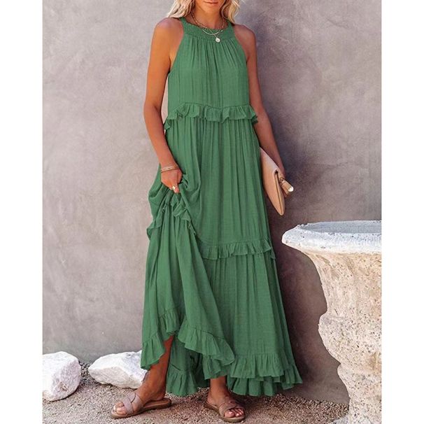 Elegant Tiered Maxi Dress For Women - Flowy Summer Floor-Length Dress With Straps, Round Neck & Loose Fit_ecoleips.com