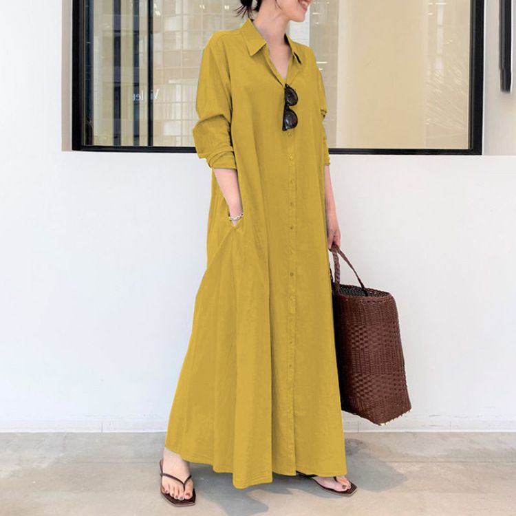 Muslim Dress Women Breathable Cotton Linen Lapel Shirt Dress – Oversized Long Sleeve Pocket Dress For Women (Black/Golden Yellow/Army Green_ecoleips.com