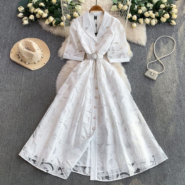Chiffon & Lace Dress – Belted Waist, Floral Print & Oversized Blazer Collar For Effortless Elegance Breathable Comfort_ecoleips.com
