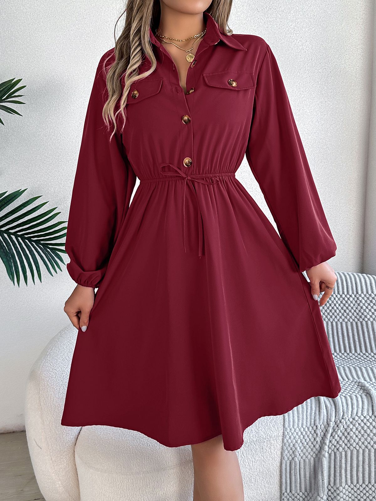 Real Shot Of 2026 European And American Spring/summer Casual Buttoned, Belted, Waist-cinching Long-sleeve Shirt Dress._ecoleips.com