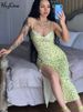 Hugcitar Ruffles Floral Print Slip Sleeveless Backless Sexy Bodycon Slit Midi Dress Summer Elegant Clothes Party Y2K Wholesale_ecoleips.com
