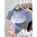 Women's Summer Knitted T-Shirt Short Sleeve Round Neck Embroidered Shoulder Block Base Layer Top_ecoleips.com