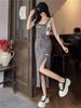 Spring Summer High Waist Side Slit Denim Overalls Women's Loose Slimming Midi Dress Casual Comfortable No Sleeve Square Neck_ecoleips.com