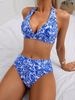 Women's High Cut Halter Neck Bikini Set Blue White Floral Print Sexy Swimwear Regular Fit For All Seasons_ecoleips.com