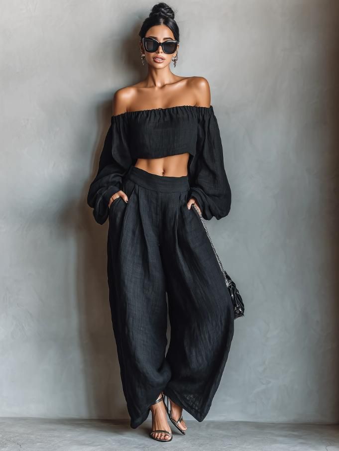 Women's Elegant Casual Fashion Off-the-Shoulder T-Shirt And Pants Set Solid Color American Style Two-Piece Spring/Autumn Summer_ecoleips.com