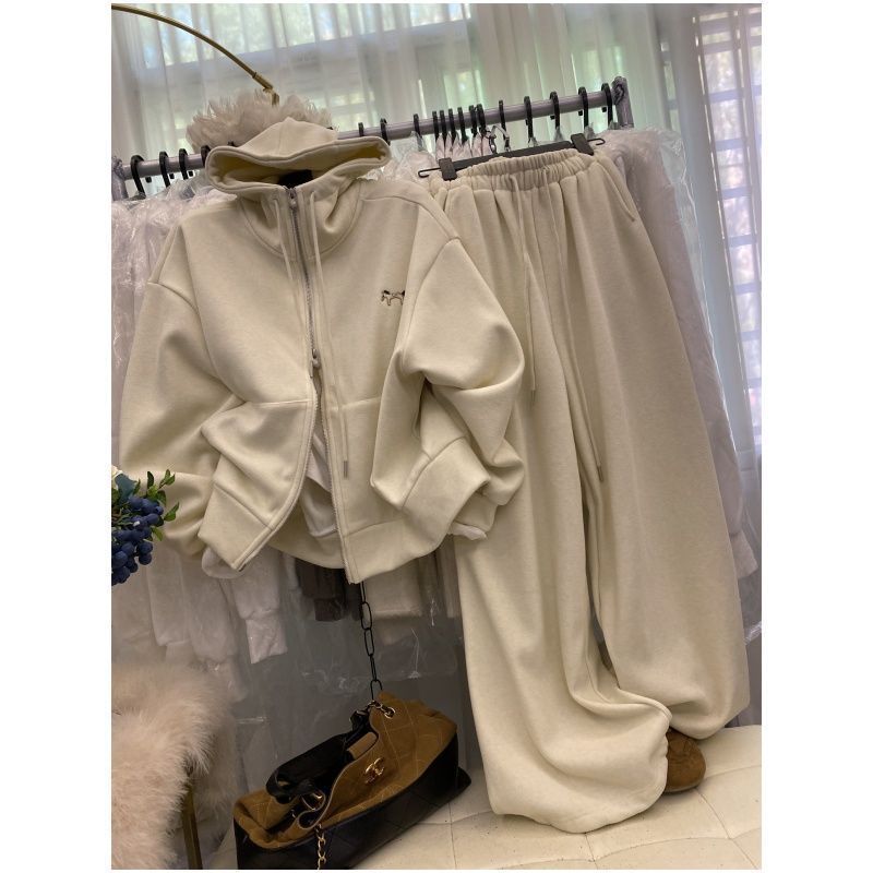Women's Clothing Two Piece Set Fleece Lined Hooded Sweatshirt And High Waisted Slimming Wide Leg Pants Casual Sportswear_ecoleips.com