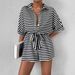 Summer New Women's Striped Lapel Cardigan Button Down Five-Sleeve Shorts Jumpsuit_ecoleips.com