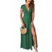 Women's Clothing Women's Deep V Neck Short Sleeve Long Dress Pleated High Waist Slit Party Evening Dress Solid Color Dress_ecoleips.com