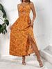 Women's Clothing Hollow Twisted Halter Neck Printed Dress Temperament Romantic Style_ecoleips.com