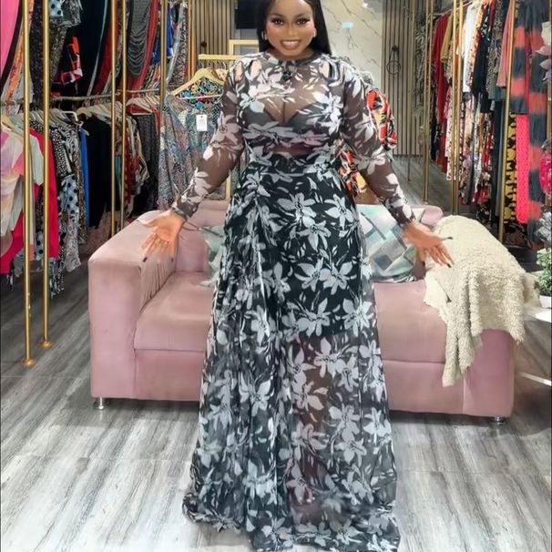 Women's Slim Fit Floral Print Dress Set Long Sleeve Sheer Mesh Fashionable Outfit_ecoleips.com