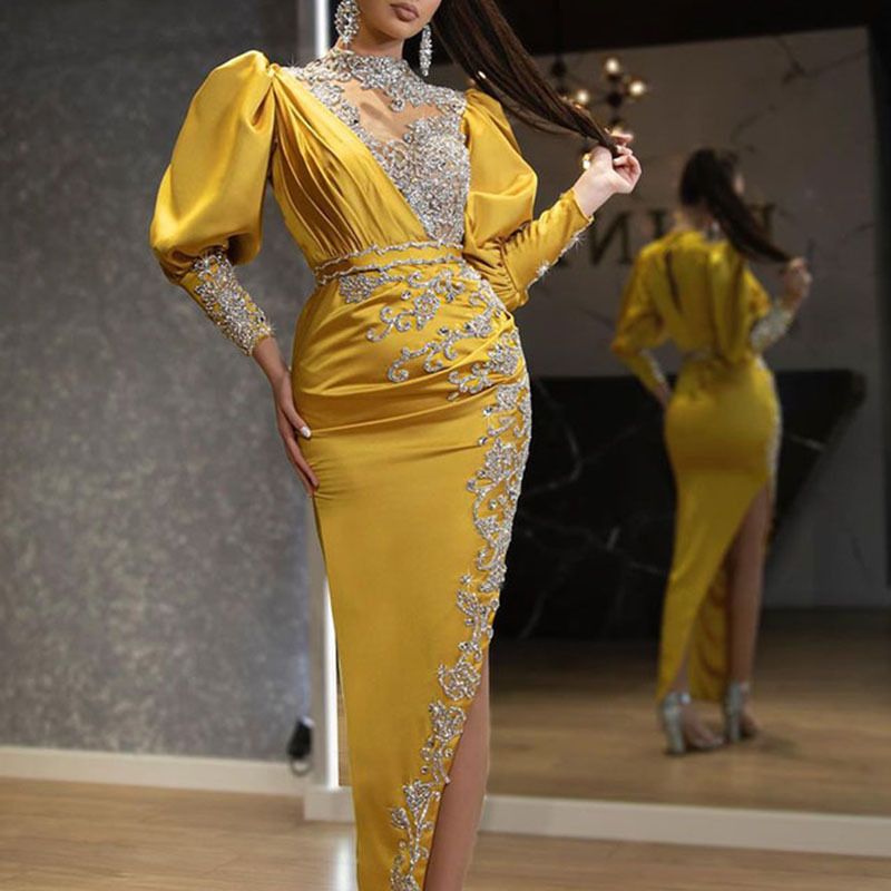 Women's Clothing spring and summer women's wedding dress with big swing sexy gold sprinkled dress trailing banquet evening dress_ecoleips.com