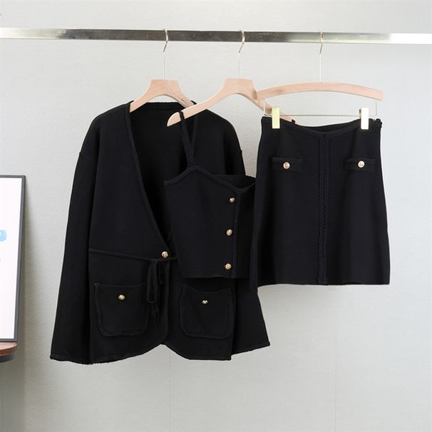 Women's Clothing Spring Knitted Long Sleeved Cardigan Jacket Sexy Suspenders Short Skirt Fashion Three Piece Set_ecoleips.com