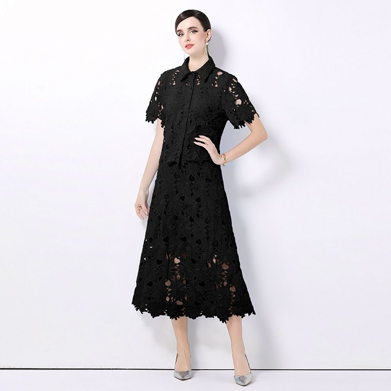 Women's High-End Two Piece Suit Lace Hollowed Out Short Sleeved High Waisted Skirt Fashionable For Spring And Autumn_ecoleips.com
