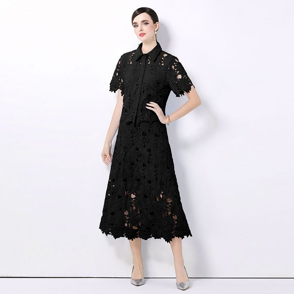 Women's High-End Two Piece Suit Lace Hollowed Out Short Sleeved High Waisted Skirt Fashionable For Spring And Autumn_ecoleips.com