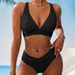 Women's Sexy Ribbed Deep V Solid Color Bikini Two Piece Swimsuit Trendy Beachwear for Ladies_ecoleips.com