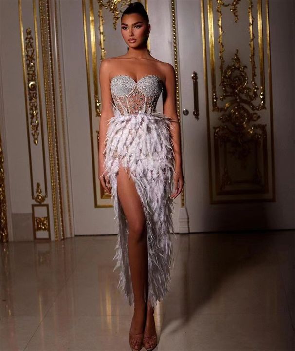 Women's Clothing Feather Rhinestone Beading Sexy Perspective High Slit Tube Top Dress Birthday Party Banquet Dress_ecoleips.com