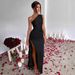 Sexy Satin Dress for Women Shoulder Gathered Slit Slim Fit Summer Temperament Gown_ecoleips.com