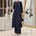 H718 Muslim Women's Two-Piece Set Fashionable Elegant Solid Color Irregular Long Shirt Top Wide-Leg Pants Robe_ecoleips.com