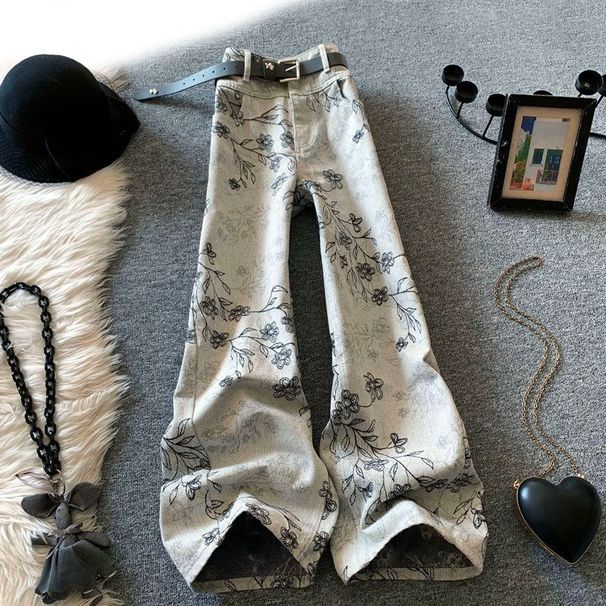 Retro Jacquard Wide-Leg Jeans For Women, Spring 2026 New High-Waisted Loose Slimming Casual American Style Scythe Pants_ecoleips.com